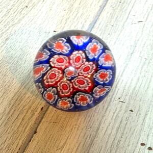 Vtg Blown Glass Floral Millefiori Paperweight  Blue And Red Art Glass Beautiful